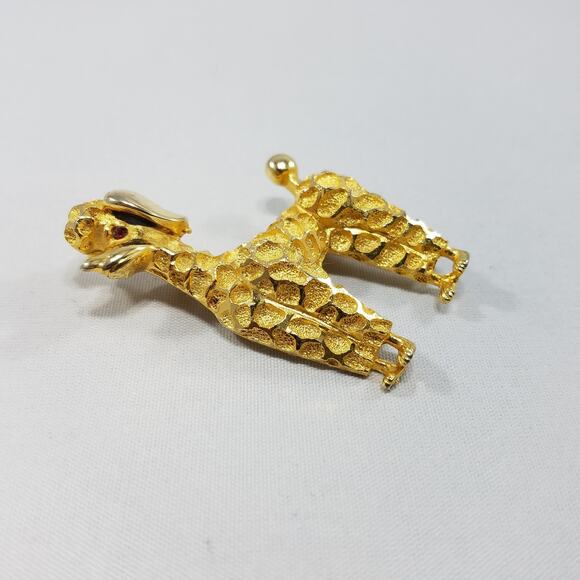 Vintage CORO Dog Brooch Pin, Gold Tone, Textured Poodle Pin, Red Rhinestone Eye - Picture 10 of 10
